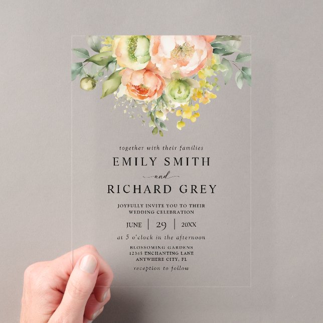 Elegant Peach & Greenery Floral Foliage Wedding Acrylic Invitations (Insitu (Handheld))