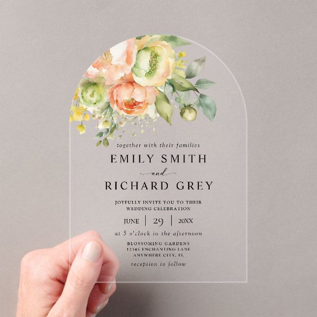 Elegant Peach & Greenery Floral Foliage Wedding Acrylic Invitations (Insitu (Handheld))