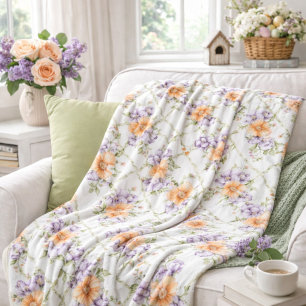 Elegant Peach Lavender Spring Floral Cottagecore Fleece Blanket
