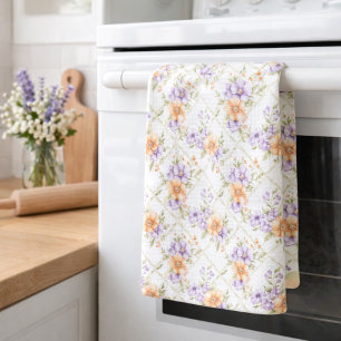 Elegant Peach Lavender Spring Floral Cottagecore Kitchen Towel