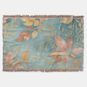 Elegant Peach Leaf Cozy Cyan Blush Floral Throw Blanket
