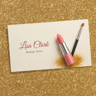 Elegant Peach Lipstick Gold Glitter Makeup Business Card
