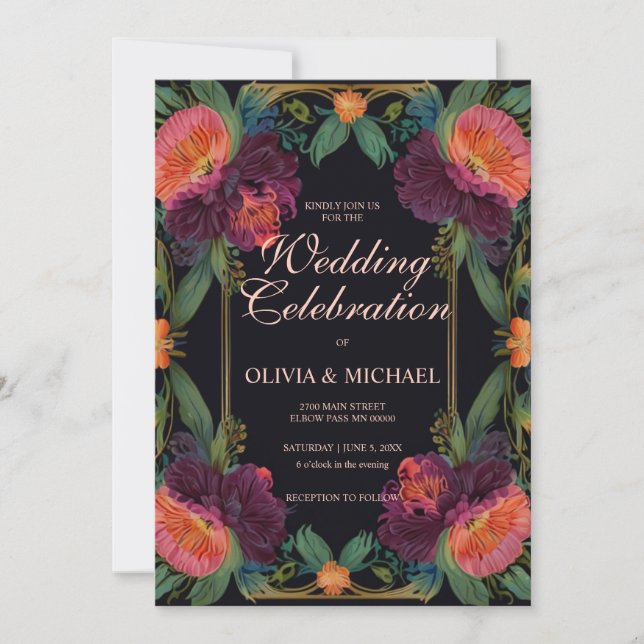 Elegant peach magenta vintage Wedding invitations (Front)
