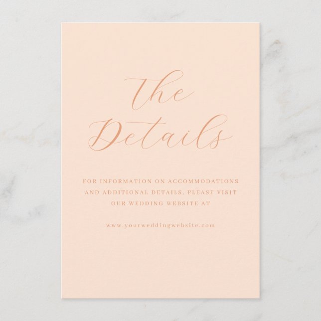 Elegant Peach Minimalist Wedding Details Card (Front)