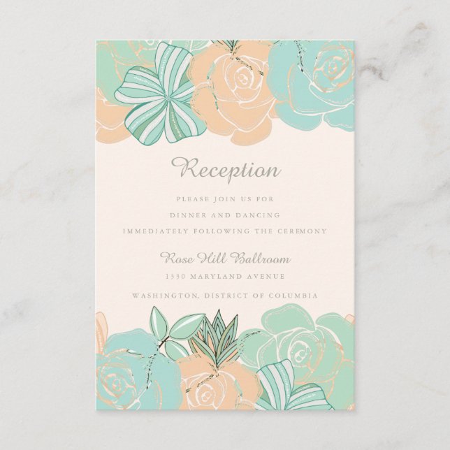 Elegant Peach Mint Floral Wedding Reception Enclosure Card (Front)