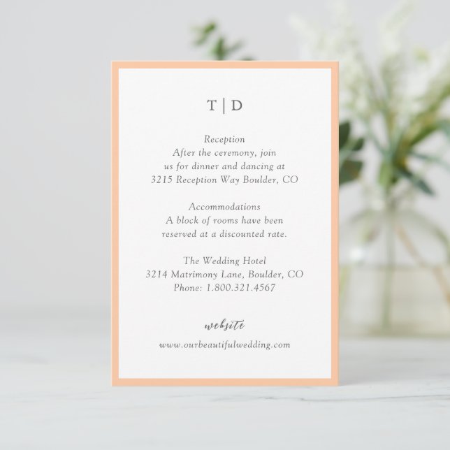 Elegant Peach Monogram Modern Wedding Enclosure Card (Standing Front)
