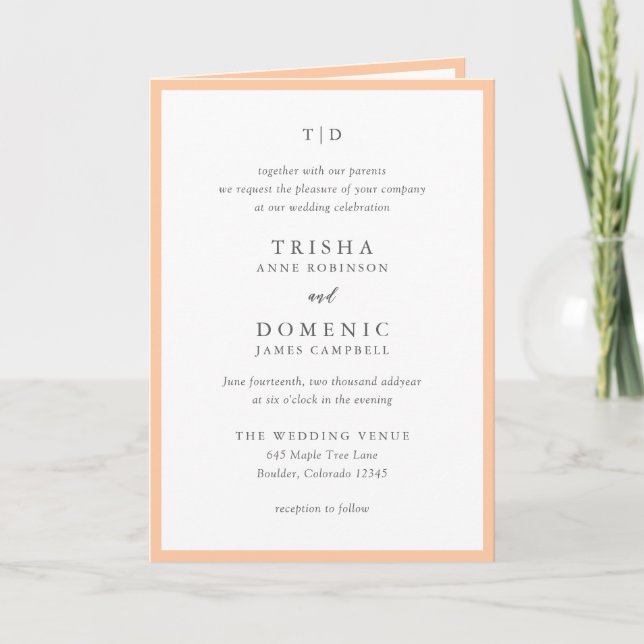 Elegant Peach Monogram Modern Wedding Invitation (Front)