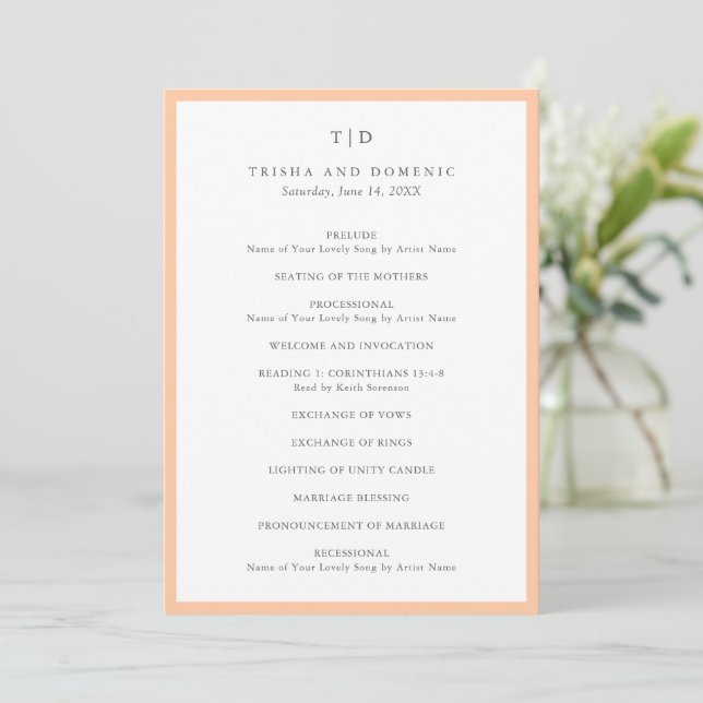 Elegant Peach Monogram Modern Wedding Program (Standing Front)