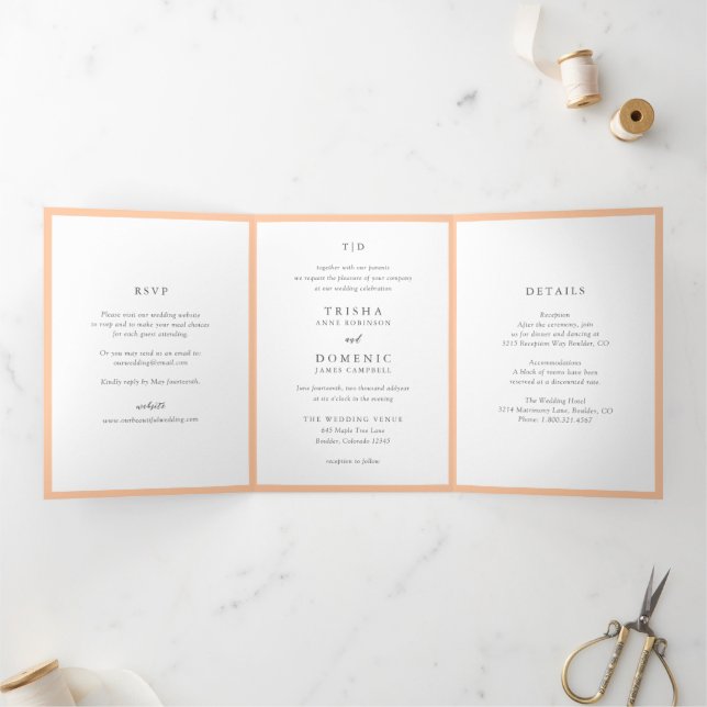 Elegant Peach Monogram Modern Wedding Tri-Fold Invitation (Inside)