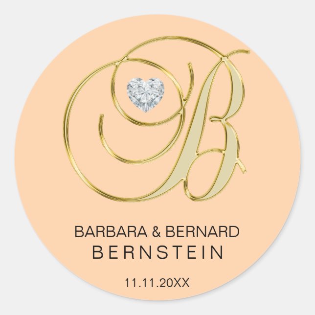 Elegant Peach Monogrammed Letter B Heart Diamond Classic Round Sticker (Front)