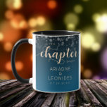 Elegant Peach Mykonos Blue Wedding A New Chapter Mug<br><div class="desc">Make your special day an unforgettable celebration with this simple but stylish mug,  which features elegant handwritten and block lettering in peach with a shower of confetti set on a black to mykonos blue background. Customize as desired. 

Design © W.H. Sim. See more at zazzle.com/expressionsoccasions</div>