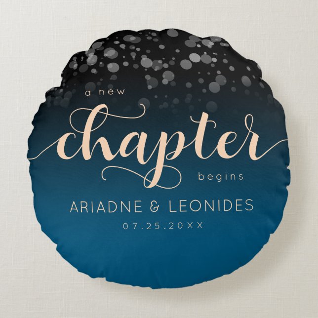 Elegant Peach Oceanic Blue Wedding A New Chapter Round Pillow (Front)