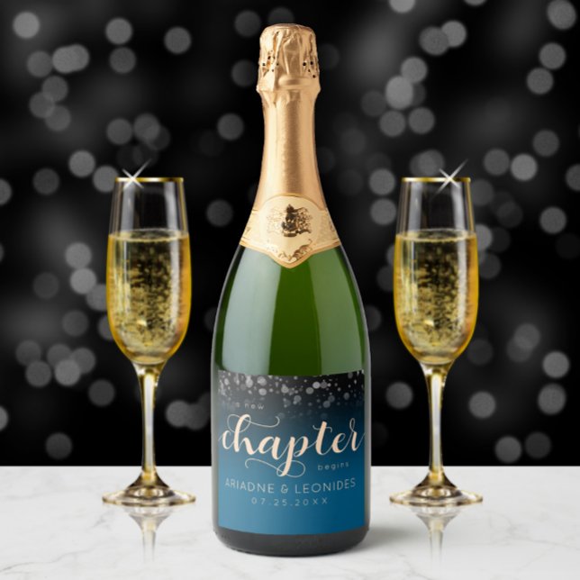 Elegant Peach Oceanic Blue Wedding A New Chapter Sparkling Wine Label (Creator Uploaded)