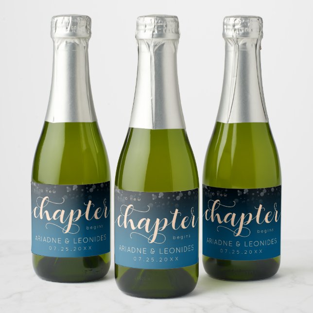 Elegant Peach Oceanic Blue Wedding A New Chapter Sparkling Wine Label (Bottles)