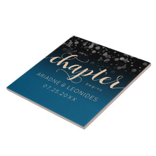 Elegant Peach Oceanic Blue Wedding A New Chapter Tile