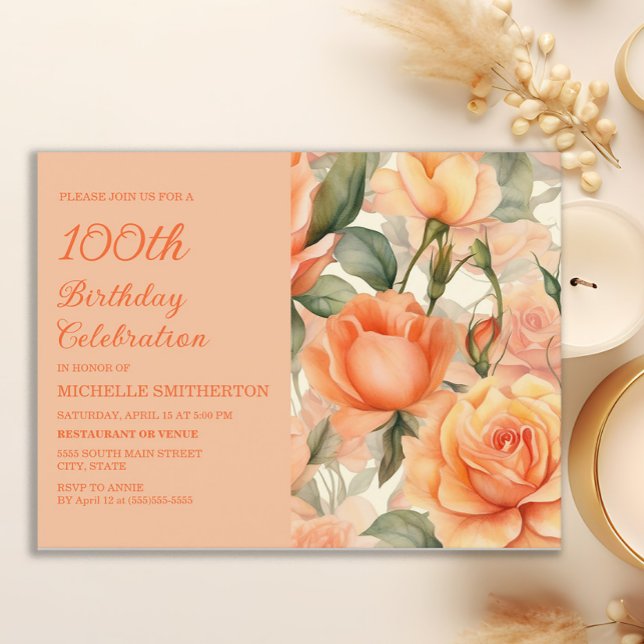 Elegant Peach Orange Floral Roses 100th Birthday Invitation Postcard (Peach roses 100th birthday party invitation)