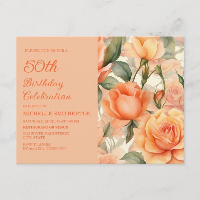 Elegant Peach Orange Floral Roses 50th Birthday Invitation Postcard (Front)