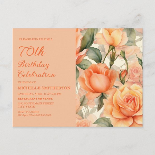 Elegant Peach Orange Floral Roses 70th Birthday Invitation Postcard (Front)