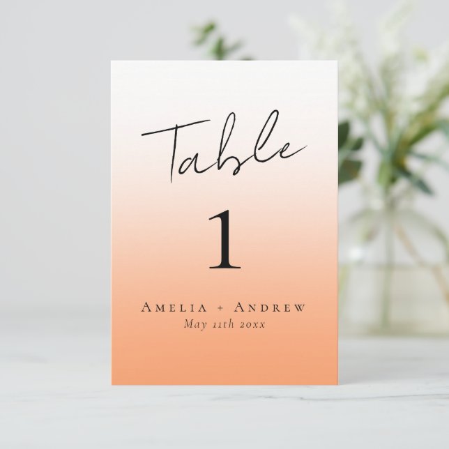 Elegant Peach Orange Fuzz Wedding Table Number (Standing Front)
