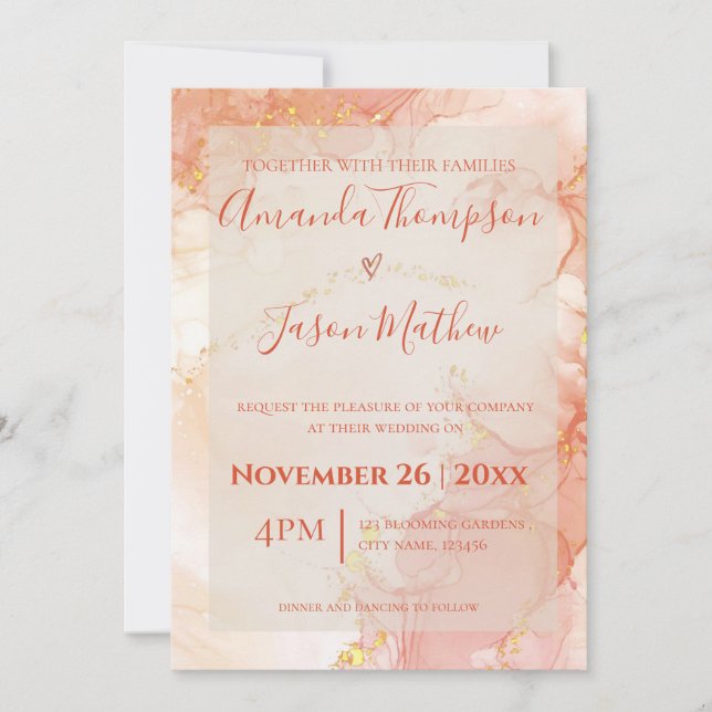 Elegant Peach Orange Gold Marble Monogram Wedding Invitation (Front)