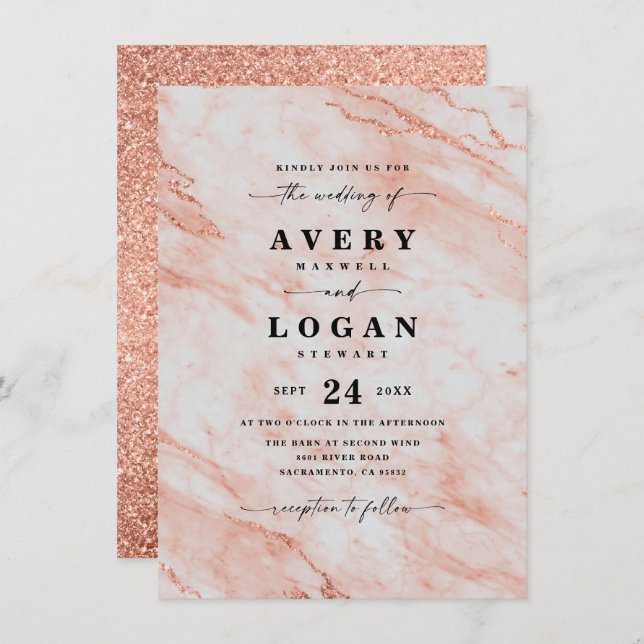 Elegant Peach Orange Marble & Glitter Wedding Invitation (Front/Back)