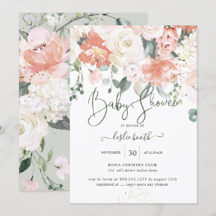 Elegant Peach Peonies Cream Roses Baby Shower Invitation