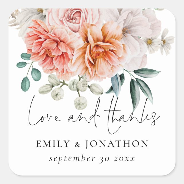 Elegant Peach Peonies Florals Love and Thanks Square Sticker (Front)