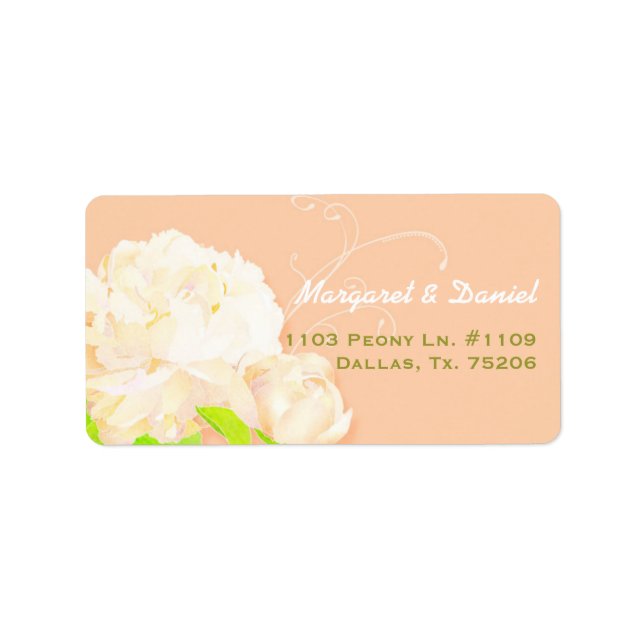 Elegant Peach Peony Floral Wedding Address Label (Front)