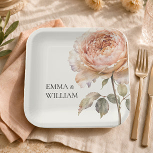 Elegant Peach Peony Personalized Wedding Party Paper Plate