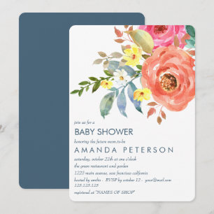 Elegant Peach Pink and blue Peonies Baby Shower Invitation