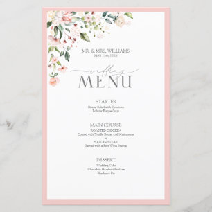 Elégant Peach Pink Aquarelle Floral Menu Mariage