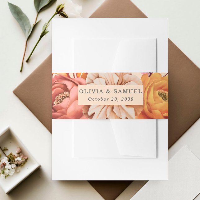 Elegant Peach Pink Brown Orange Floral Wedding  Invitation Belly Band (Creator Uploaded)