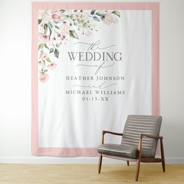 Elegant Peach Pink Watercolor Floral Wedding Photo Tapestry (In Situ)