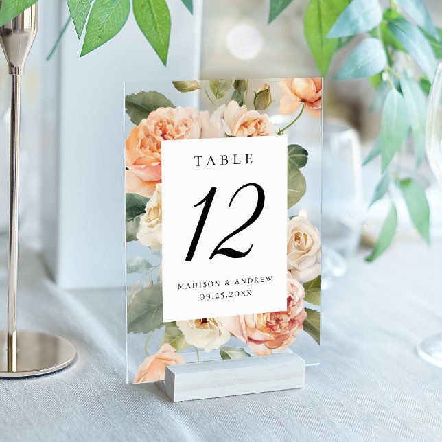 Elegant Peach Rose Acrylic Wedding Table Number (Creator Uploaded)