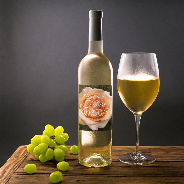 Elegant Peach Rose Floral Bridal Shower Wine Label (In Situ)