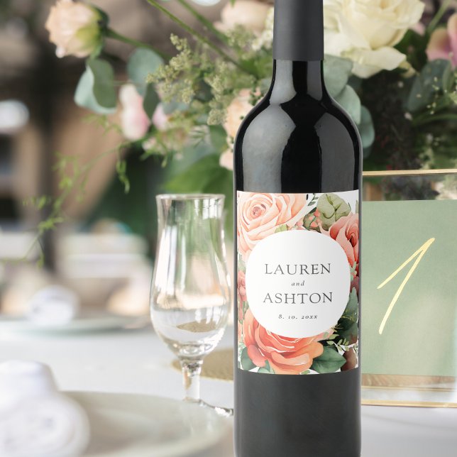Elegant Peach Rose Personalized Wedding Wine Label (Creator Uploaded)