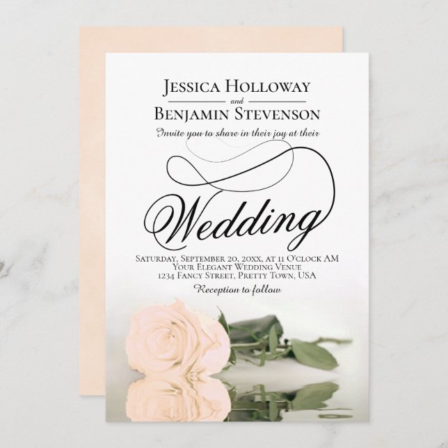 Elegant Peach Rose Reflection Romantic Wedding Invitation (Front/Back)