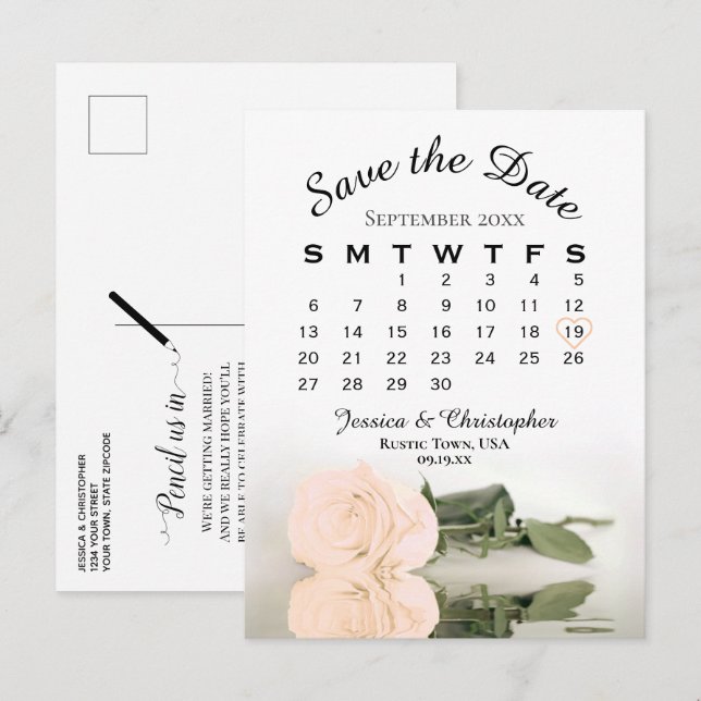 Elegant Peach Rose Wedding Calendar Save the Date Announcement Postcard (Front/Back)