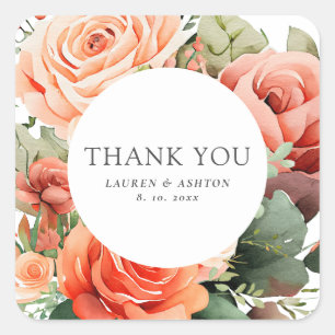 Elegant Peach Rose Wedding Thank You Square Sticker