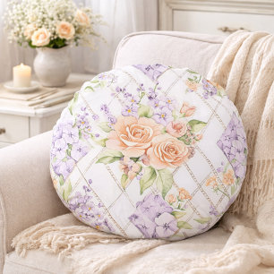 Elegant Peach Roses Lavender Floral Cottagecore Round Pillow