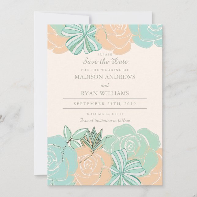 Elegant Peach Roses Mint Floral Save the Date (Front)