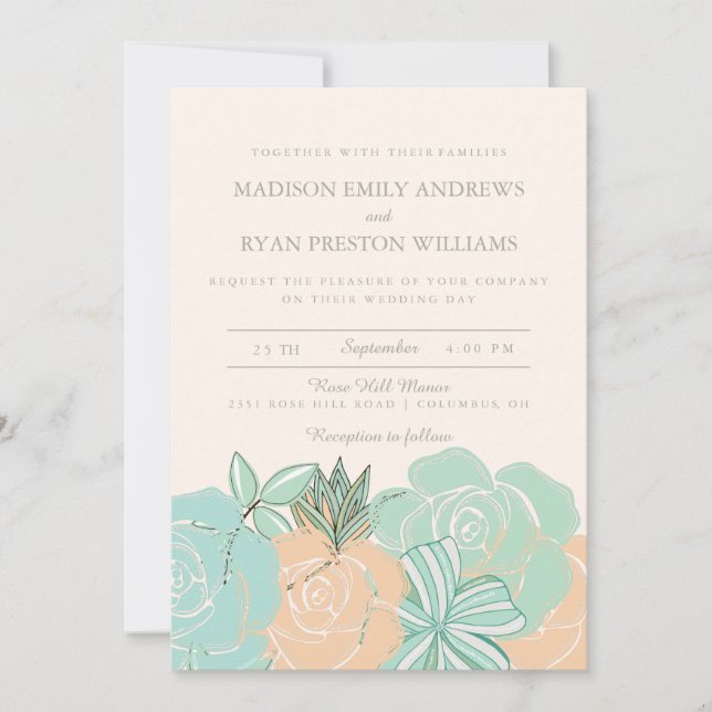 Elegant Peach Roses Mint Floral Wedding Invitation (Front)