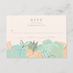 Elegant Peach Roses Mint Floral Wedding RSVP Card