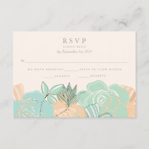 Elegant Peach Roses Mint Floral Wedding RSVP Card