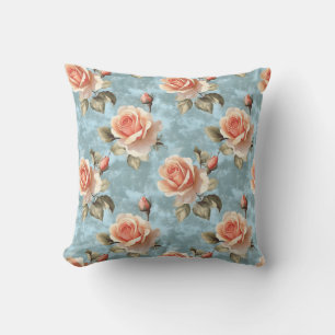 Elegant Peach Roses on Blue Background Throw Pillow