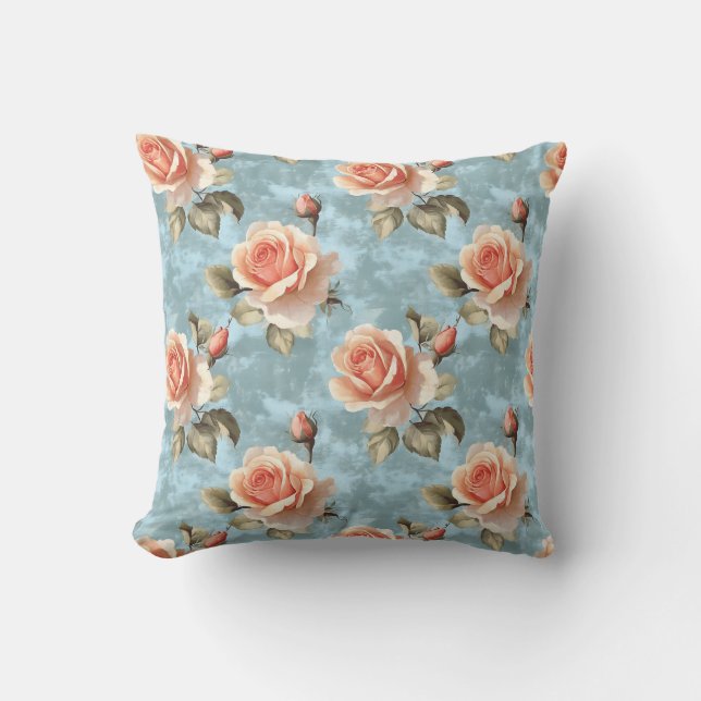 Elegant Peach Roses on Blue Background Throw Pillow (Front)