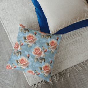 Elegant Peach Roses on Blue Background Throw Pillow