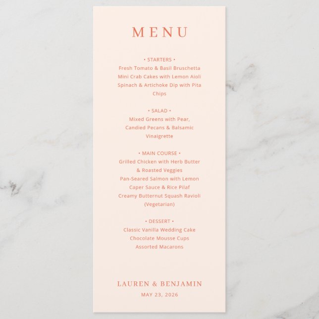 Elegant Peach Serif Wedding Menu (Front)