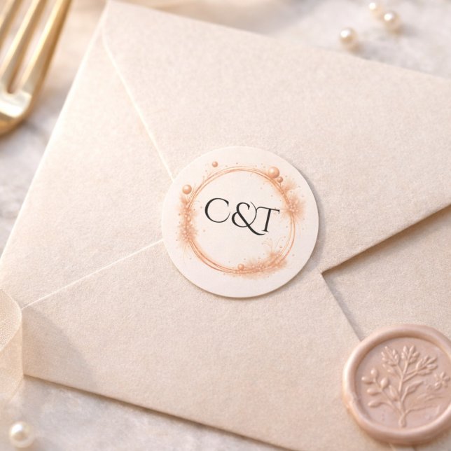 Elegant Peach Sparkle Wedding Script Calligraphy Classic Round Sticker (Creator Uploaded)