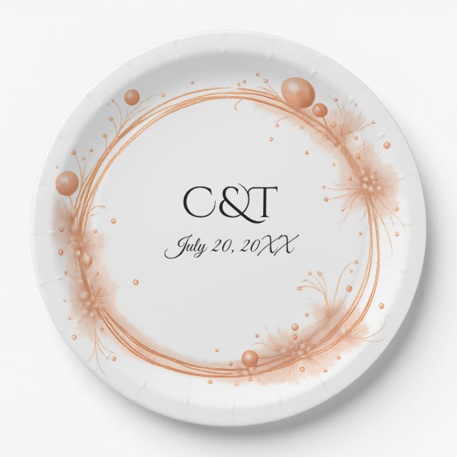 Elegant Peach Sparkle Wedding Script Calligraphy Paper Plate (Front)